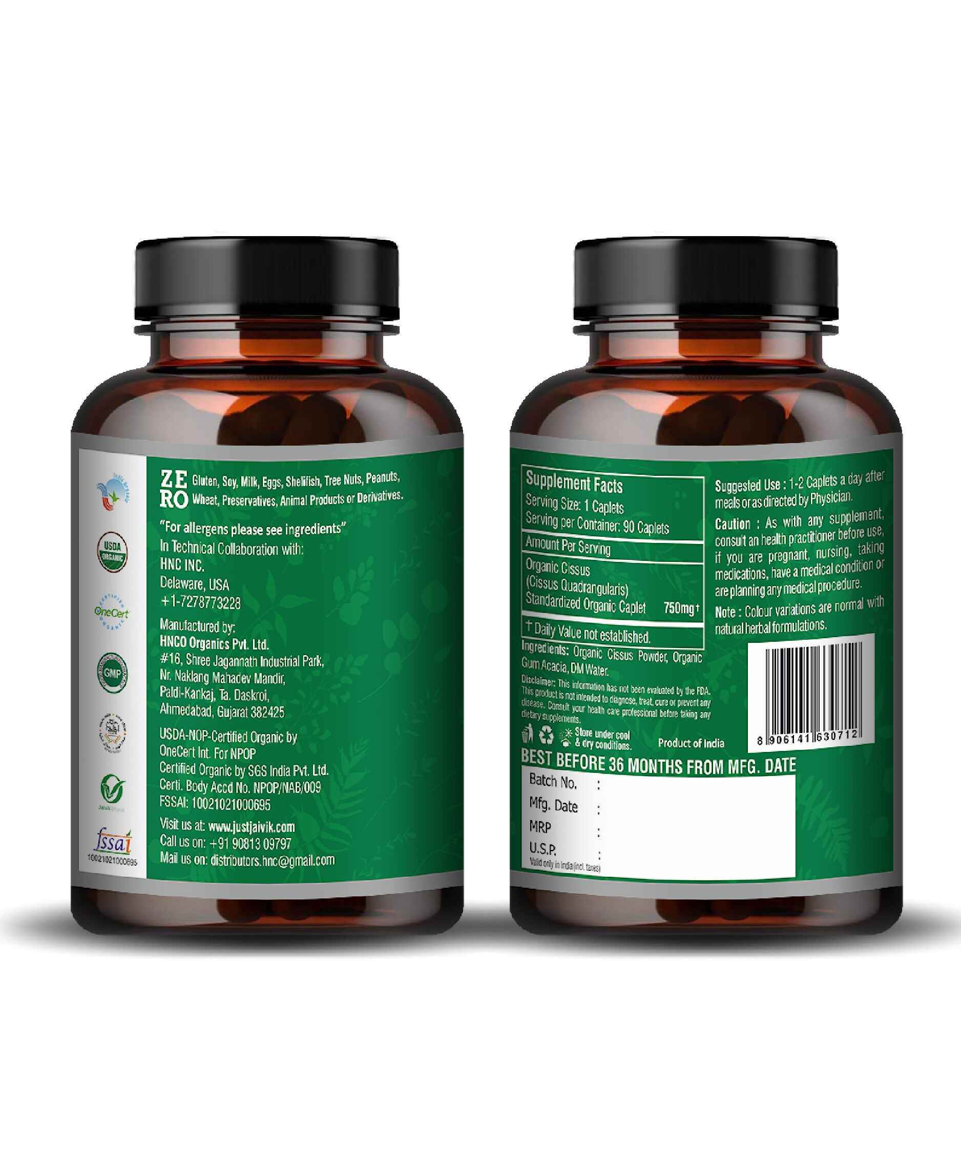 Just Jaivik Organic Cissus Quadrangularis (Hadjod) Caplets for Bone Health & Joint Support - Health N Wellness Shop