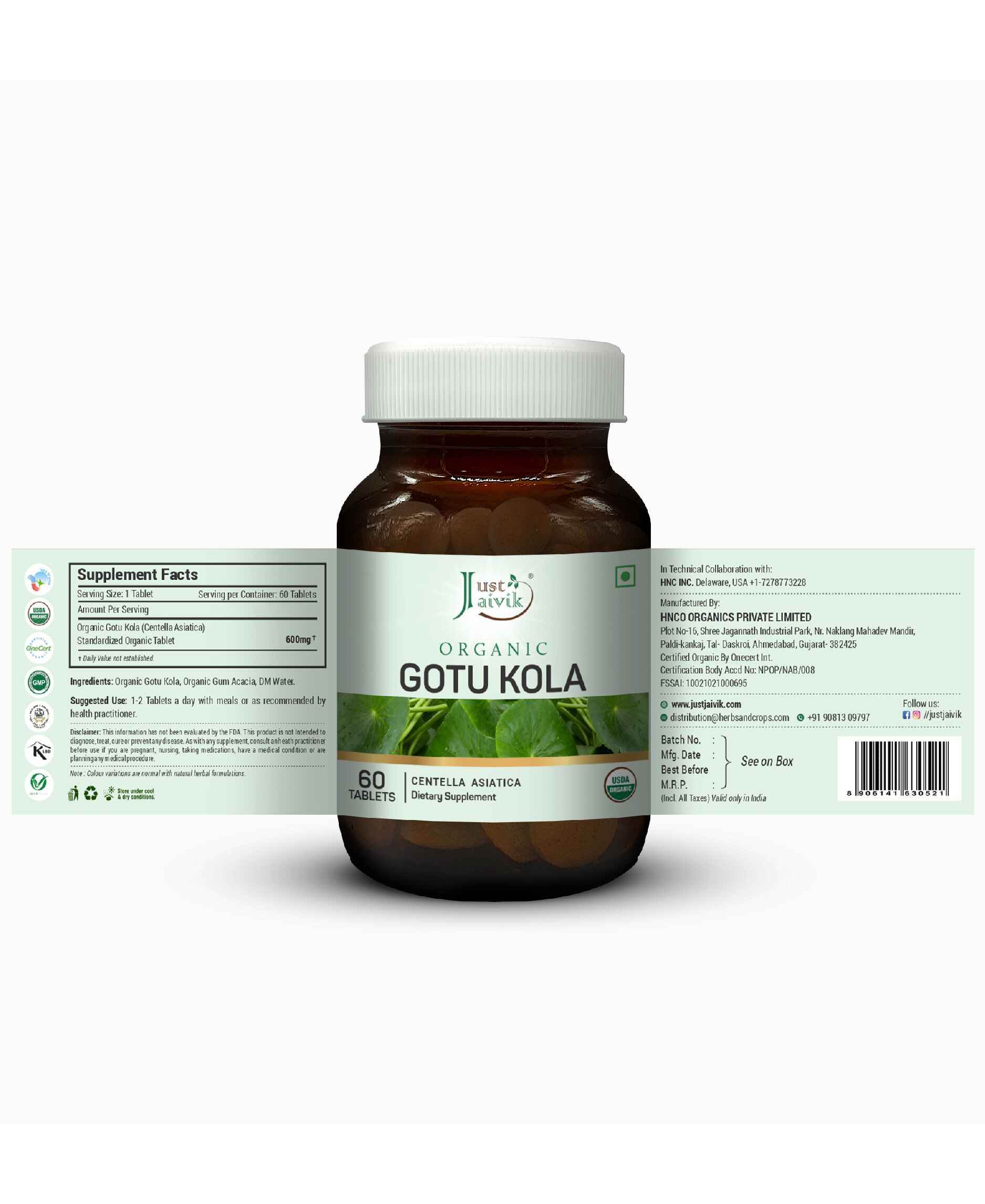 Just Jaivik Organic Gotu Kola Tablets - Natural Brain Booster & Ayurvedic Cognitive Support - Health N Wellness Shop
