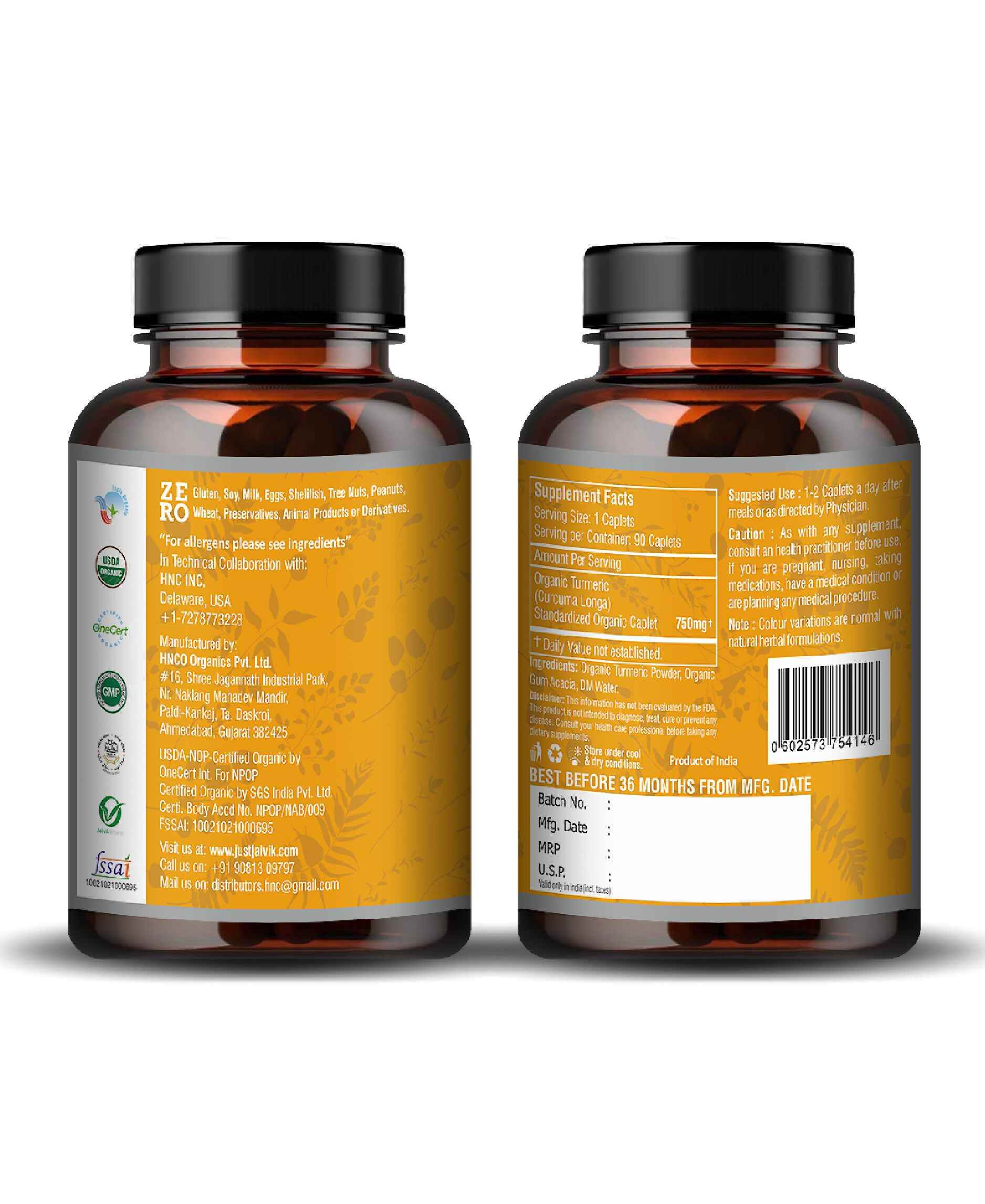 Just Jaivik Organic Turmeric Caplets – Natural Anti - Inflammatory & Joint Support Supplement with High Curcumin, USDA Certified, Vegan & Gluten - Free - Health N Wellness Shop