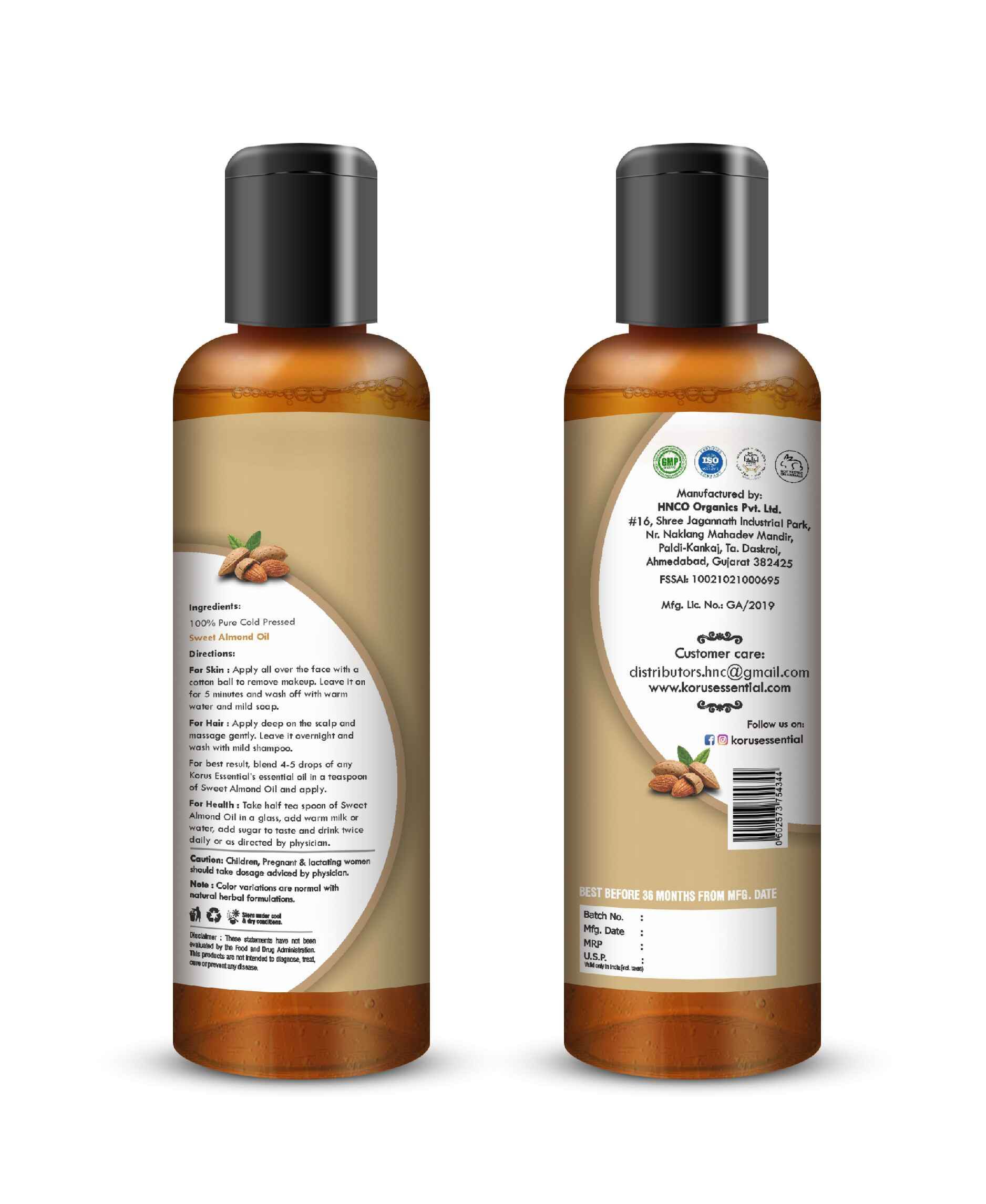 Korus Essential Cold - Pressed Sweet Almond Oil 200ml - Health N Wellness Shop