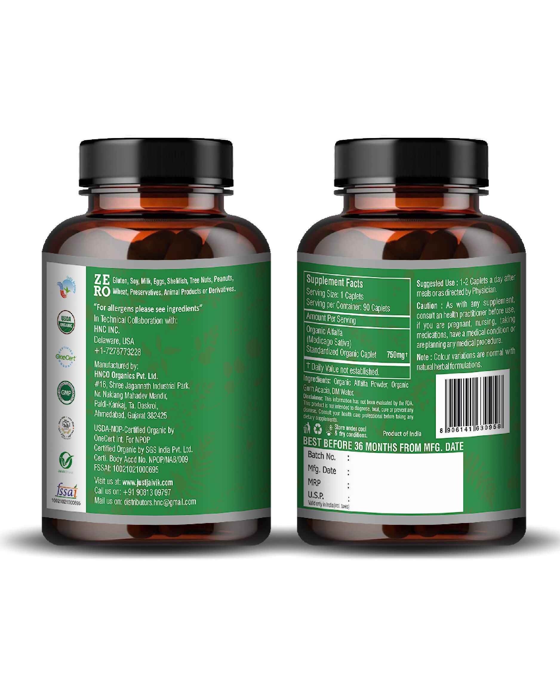 Just Jaivik Organic Alfalfa Caplets - Natural 750mg Herbal Supplement for Digestion, Immunity & Metabolism Support - Health N Wellness Shop