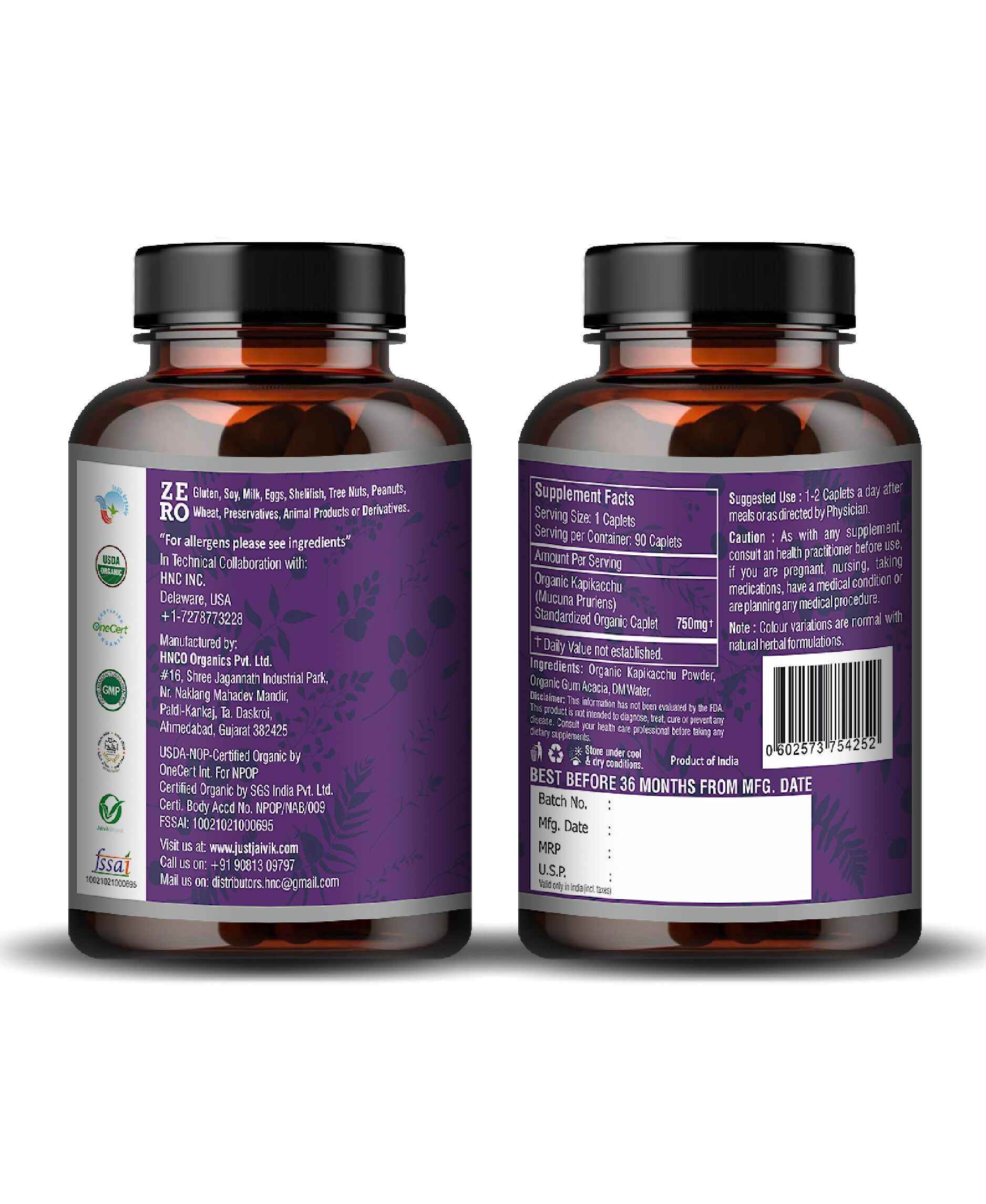 Just Jaivik Organic Kapikacchu Caplets - Natural Ayurvedic Mucuna Pruriens Supplement for Reproductive Health, Vitality & Nervous System Support - Health N Wellness Shop