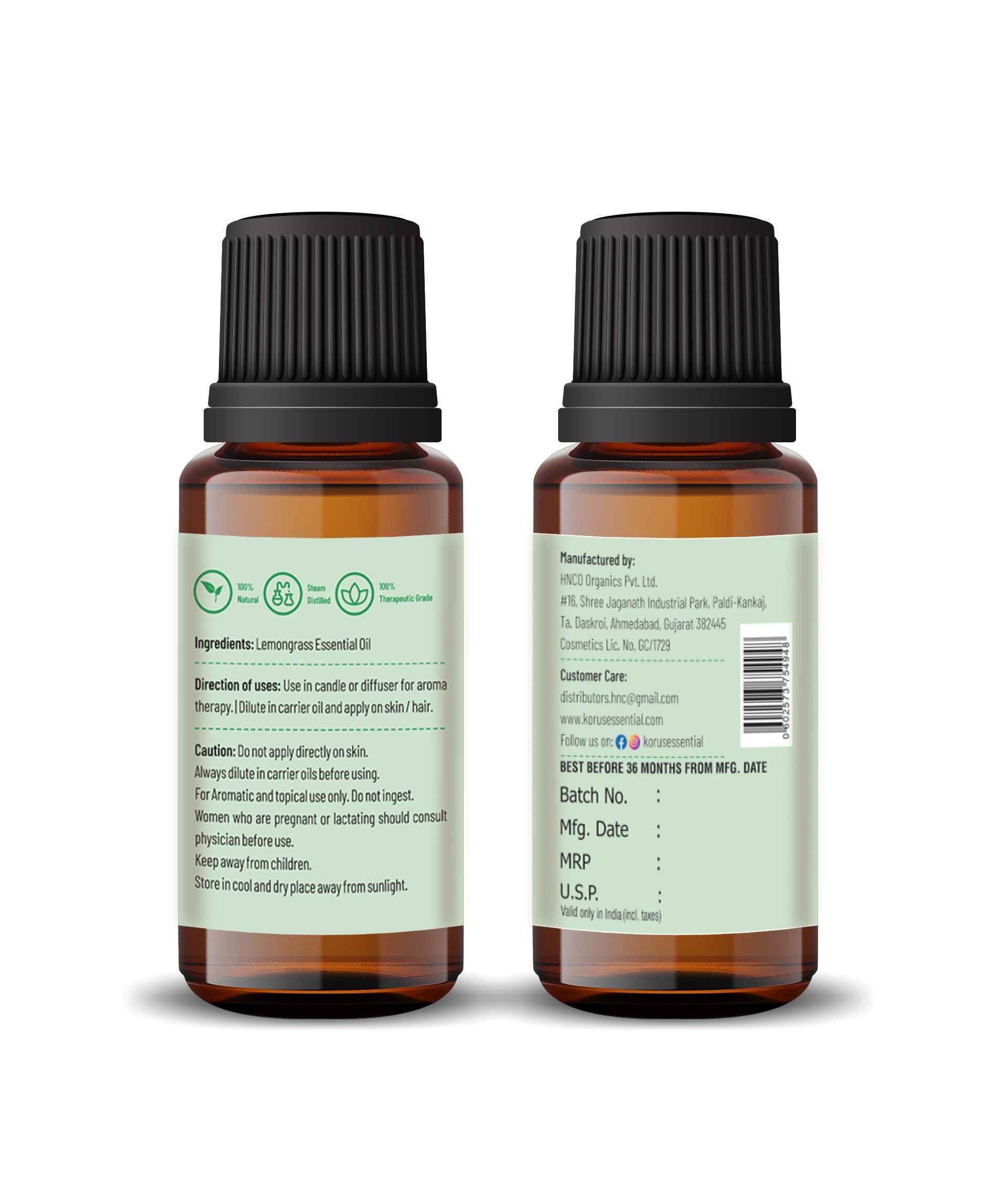 Korus Pure Lemongrass Essential Oil – Natural Aromatherapy & Skincare Freshness - Health N Wellness Shop