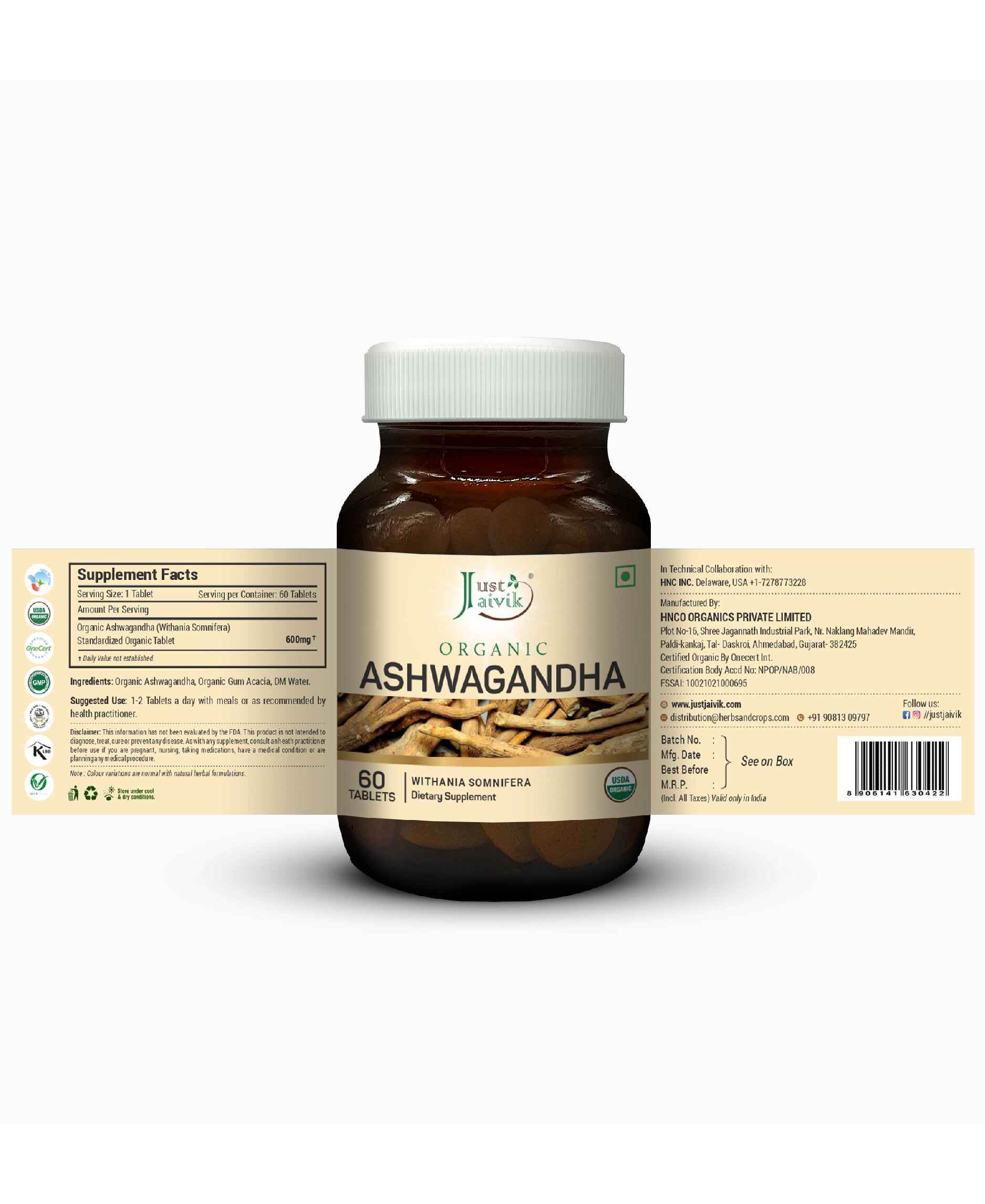 Just Jaivik Organic Ashwagandha Tablets – Natural Stress Relief & Immunity Booster with Pure Ayurvedic Ashwagandha Root Powder - Health N Wellness Shop