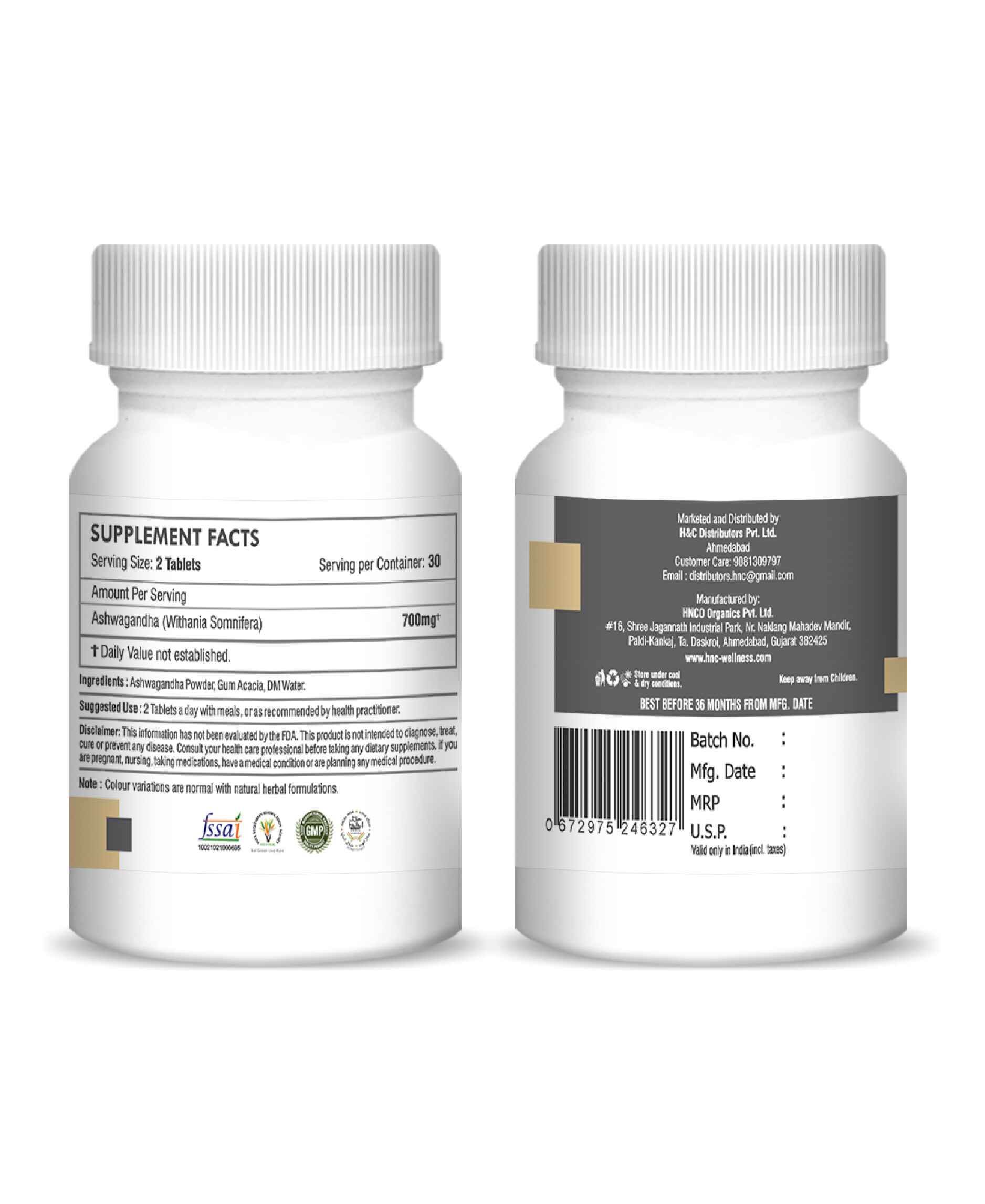 H&C Natural Ashwagandha Tablets 350mg - Stress Relief & Vitality Support - Health N Wellness Shop