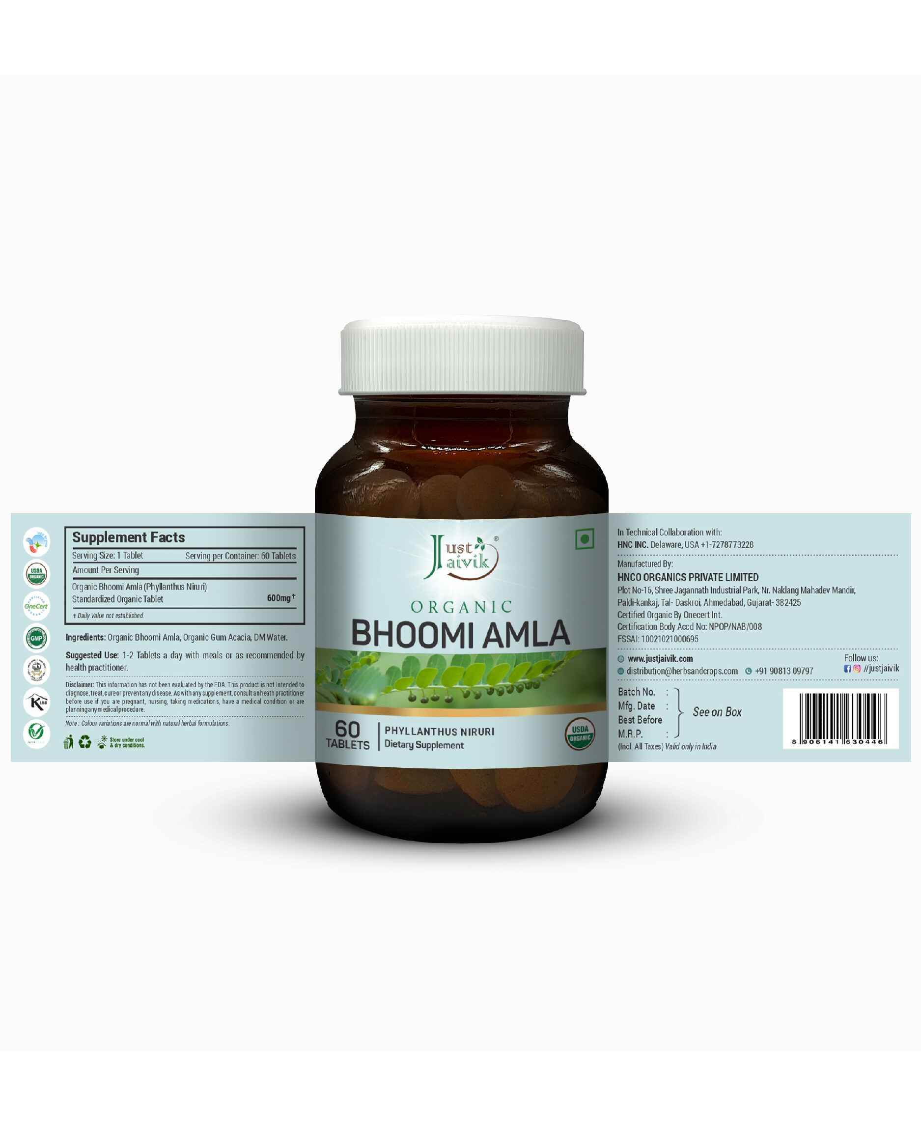 Just Jaivik Organic Bhumi Amla Tablets 600mg – Natural Ayurvedic Liver Detox & Digestive Health Supplement - Health N Wellness Shop