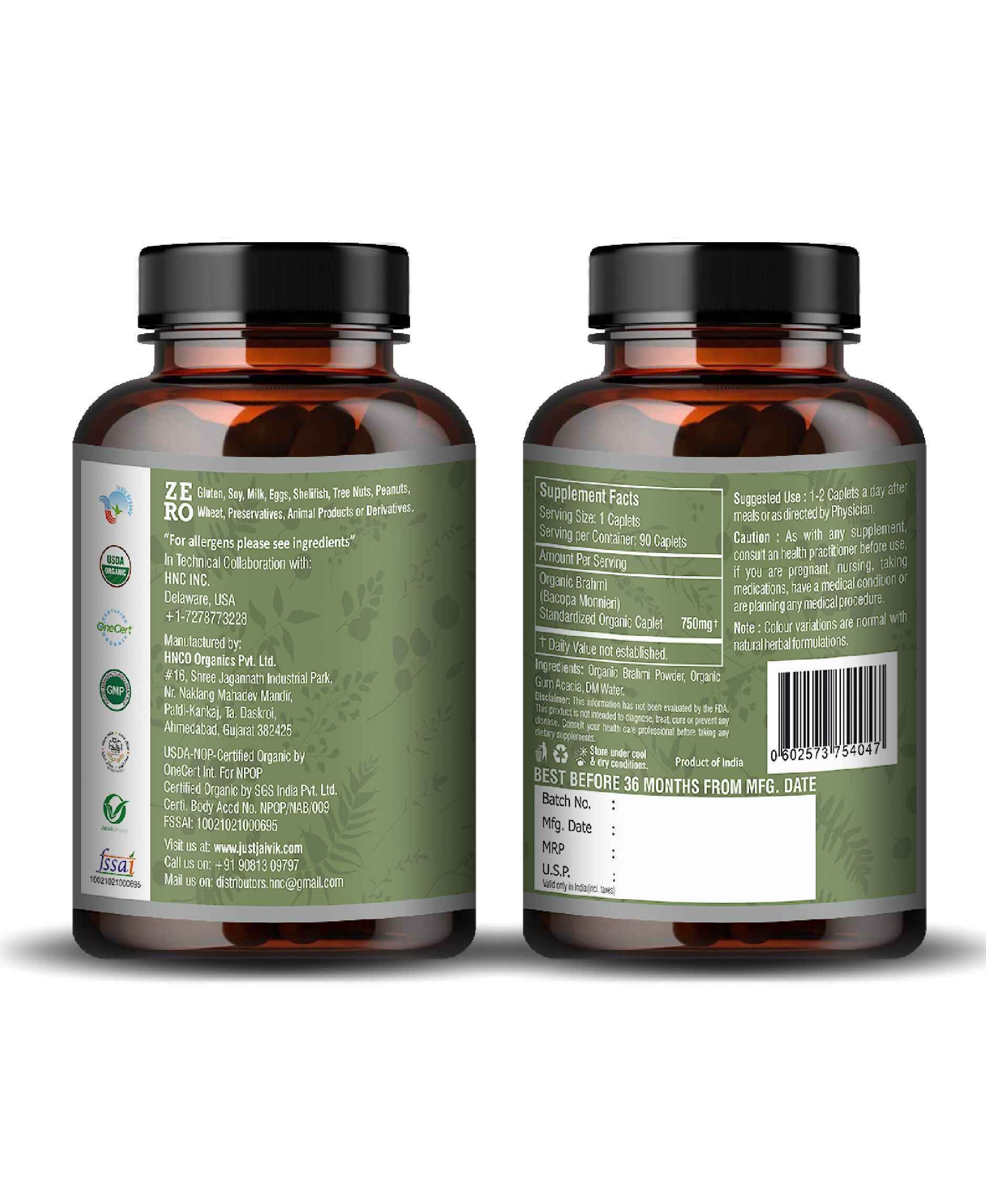 Just Jaivik Organic Brahmi Caplets – Pure Natural Brain Booster for Memory, Focus & Nervous System Health - Health N Wellness Shop