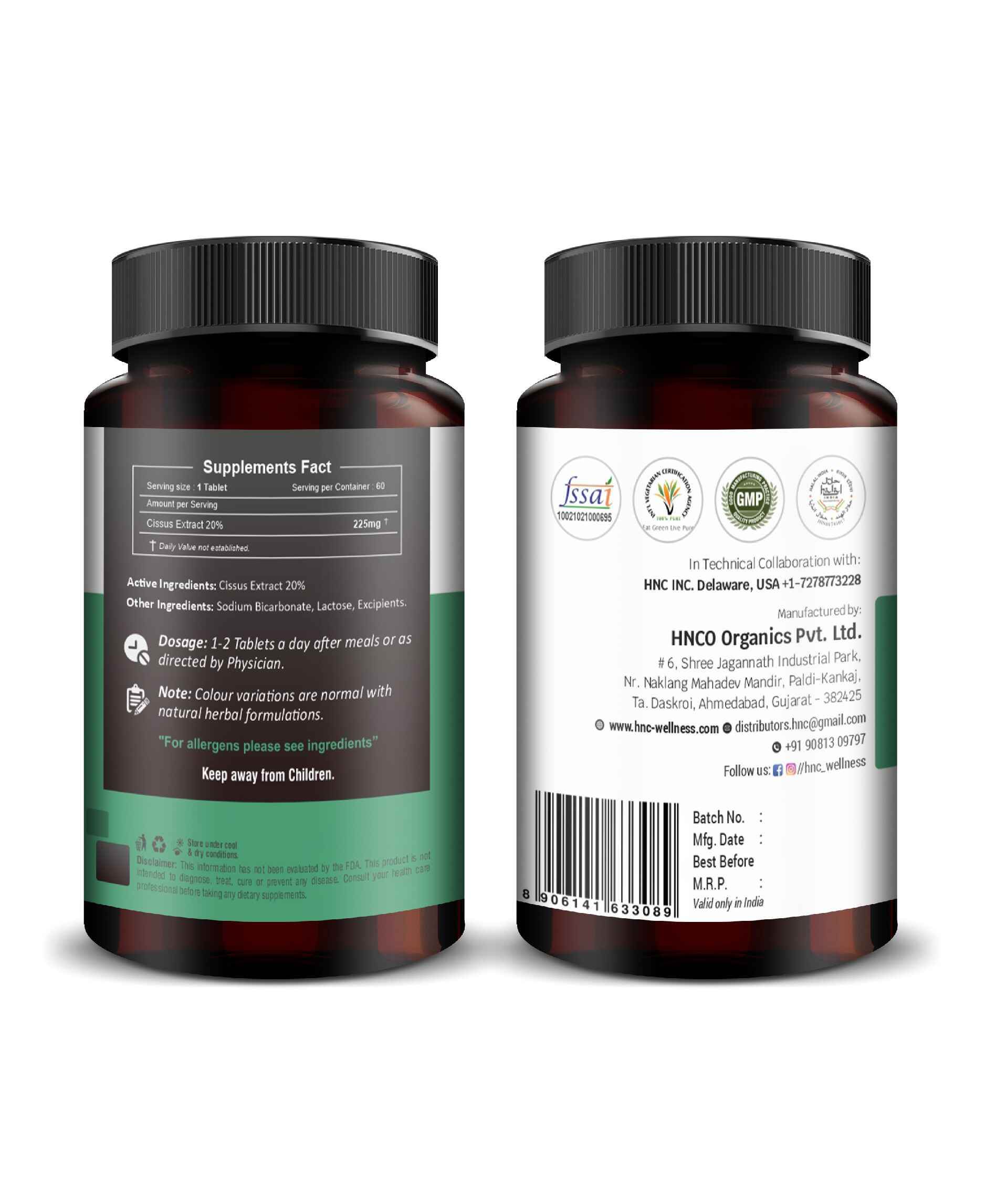 Cissus Quadrangularis Extract Tablets for Bone & Joint Health | 225mg Quick Dissolving | 60 Count - Health N Wellness Shop