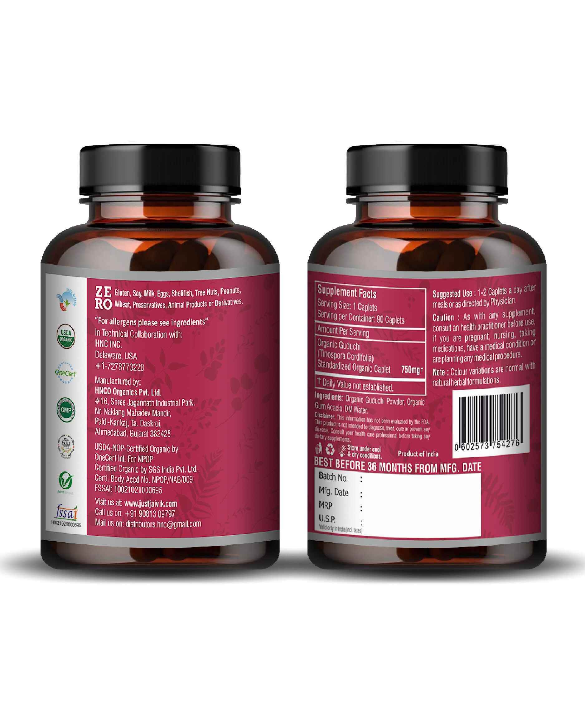 Just Jaivik Organic Guduchi (Giloy) Caplets - Premium Ayurvedic Immunity Booster and Detox Supplement - Health N Wellness Shop