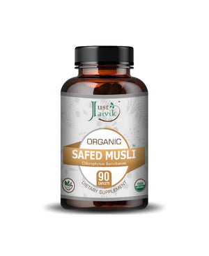 Just Jaivik Organic Safed Musli Caplets – Natural Herbal Supplement for Strength, Stamina & Vitality - Health N Wellness Shop