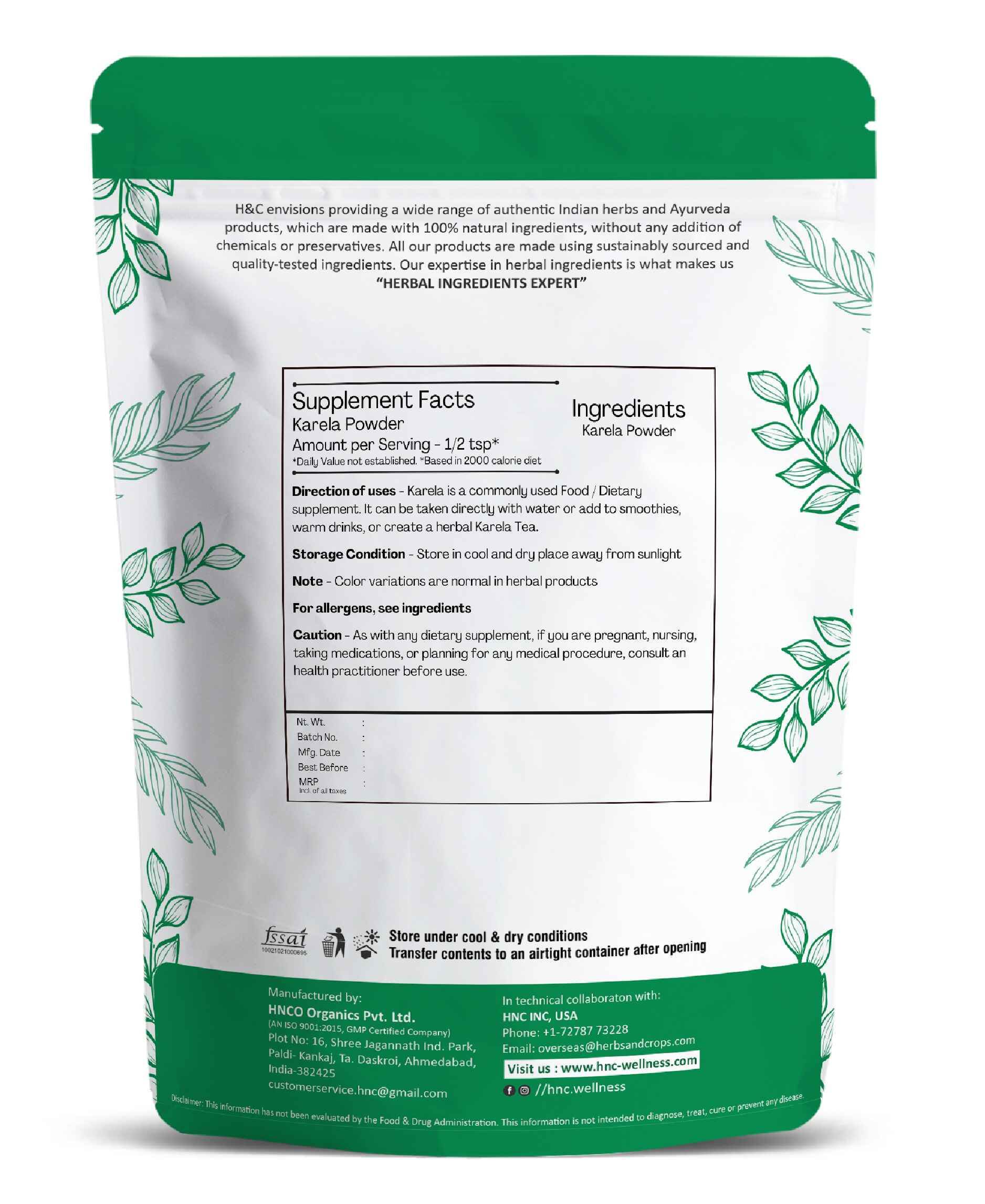 H&C Natural Karela Powder 100gm - Blood Sugar Balance & Metabolic Support - Health N Wellness Shop