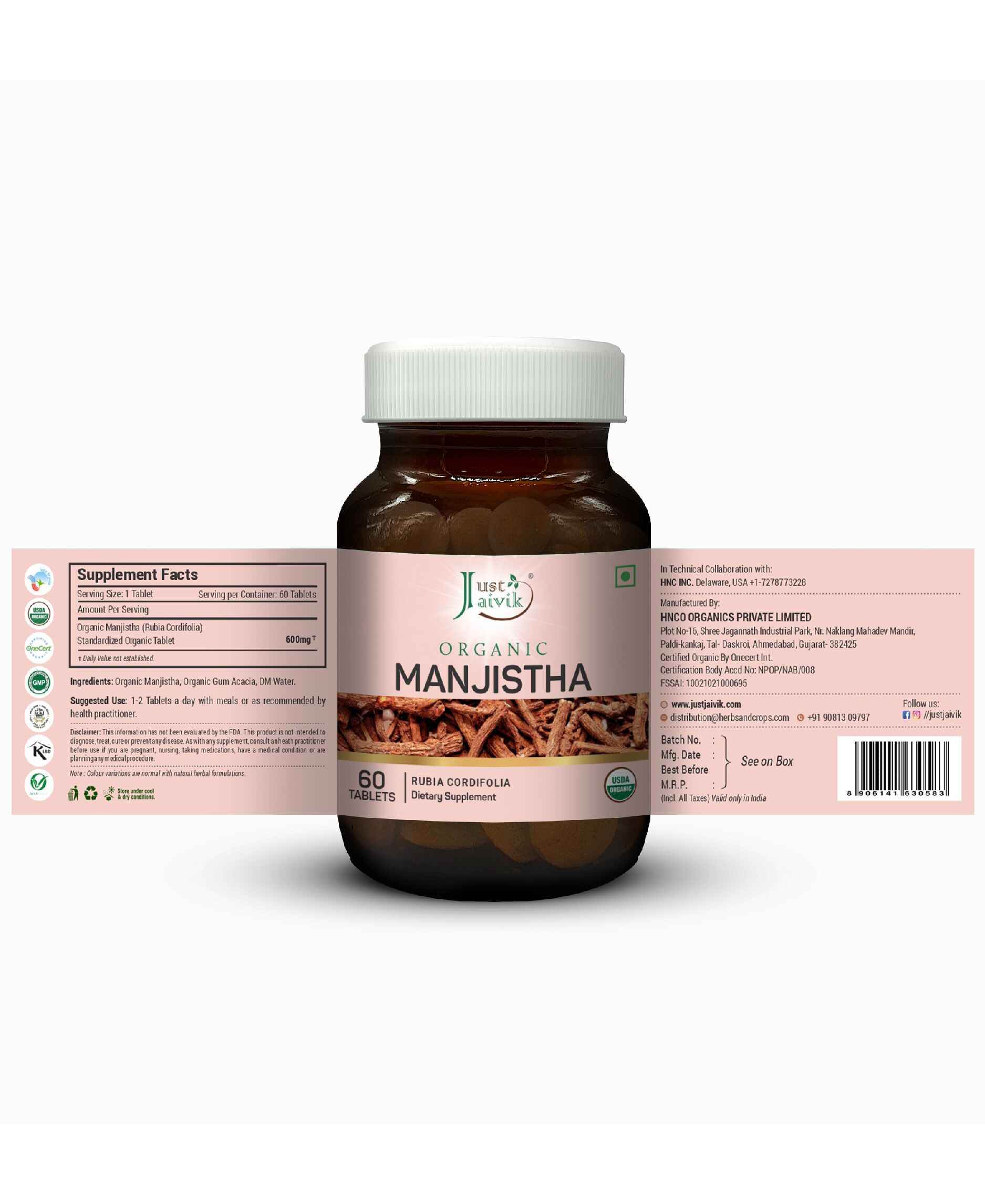 Just Jaivik Organic Manjistha Tablets - Natural Blood Purifier for Clear Skin and Detoxification - Health N Wellness Shop