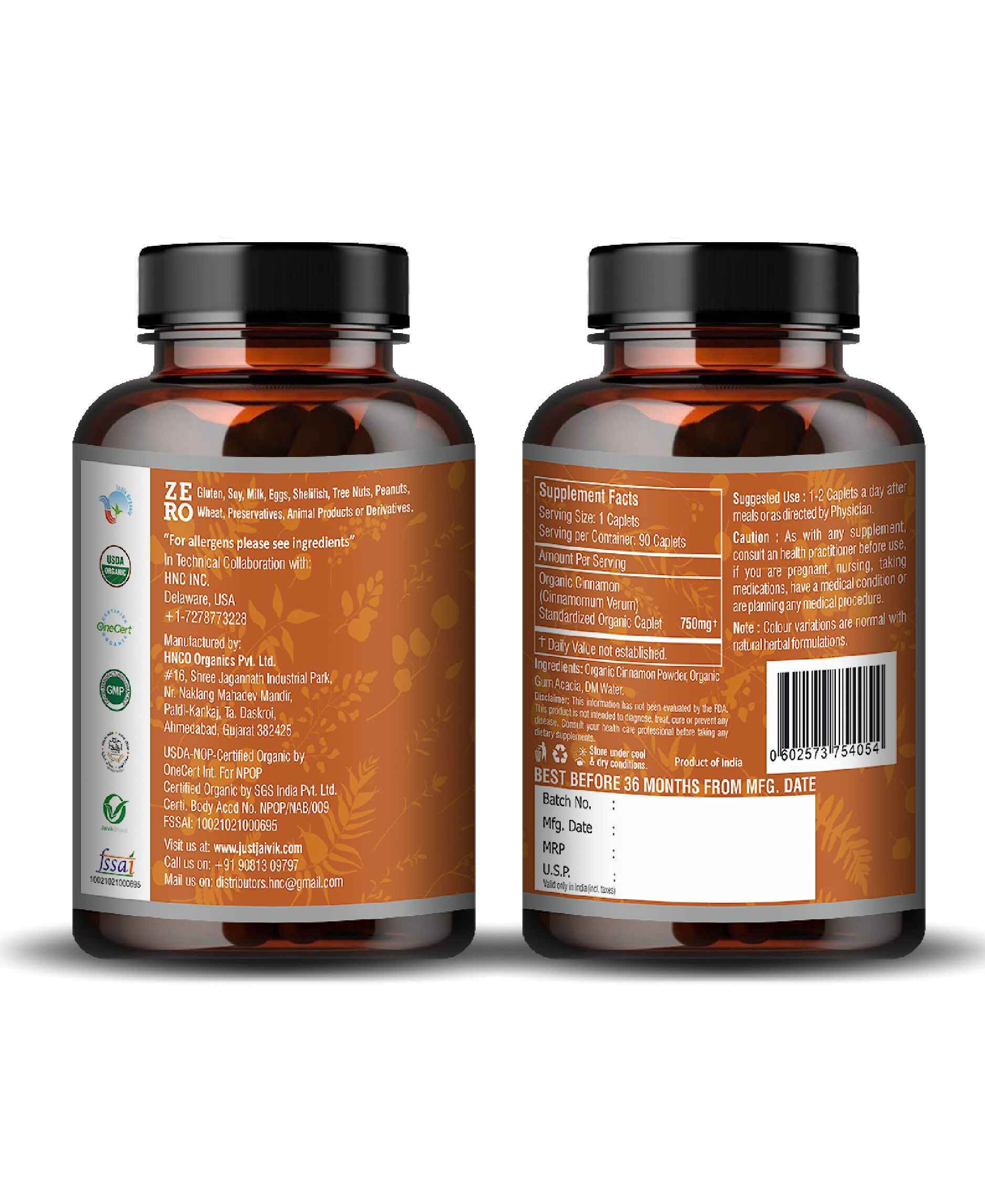 Just Jaivik Organic Cinnamon Caplets - Natural Blood Sugar Support & Antioxidant - Rich Dietary Supplement - Health N Wellness Shop
