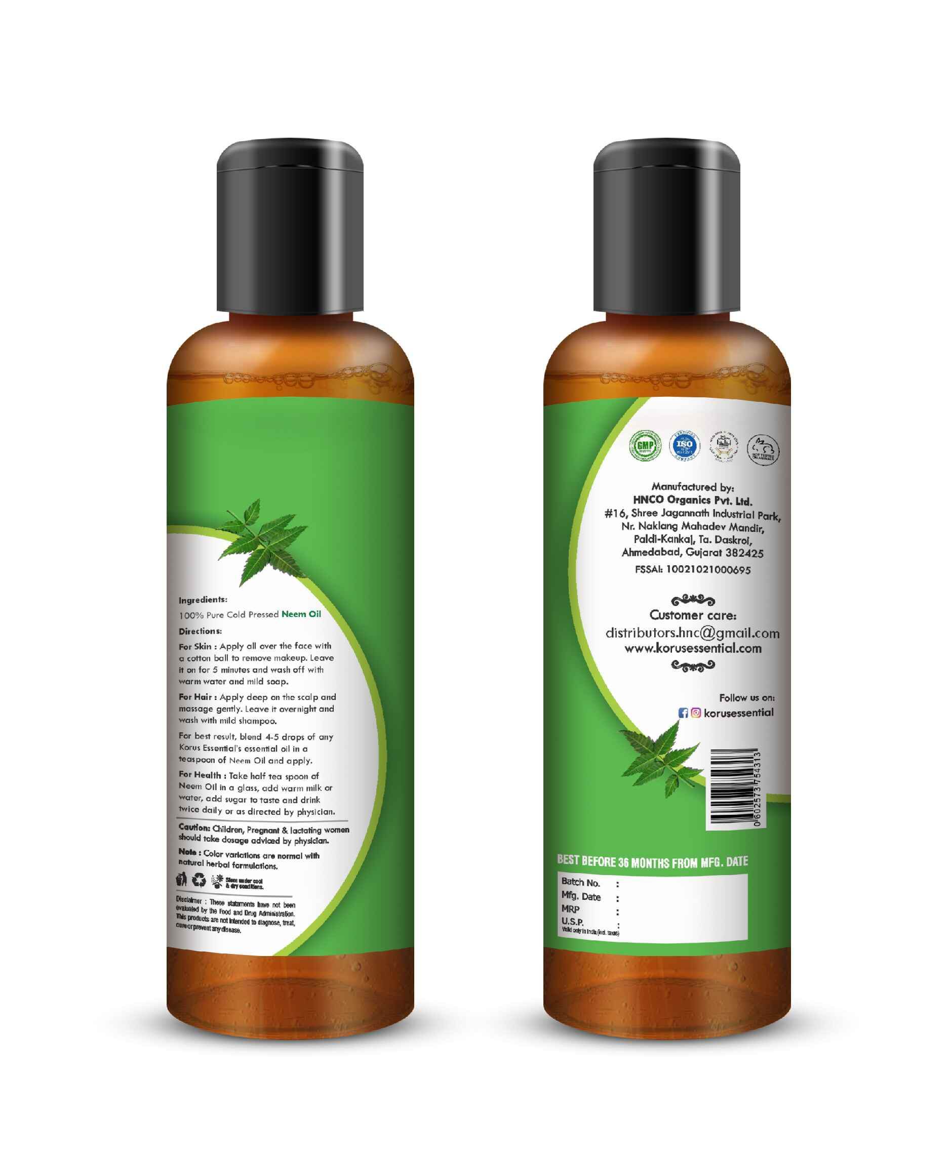 Korus Essential Cold Pressed Neem Oil 200ml - Health N Wellness Shop