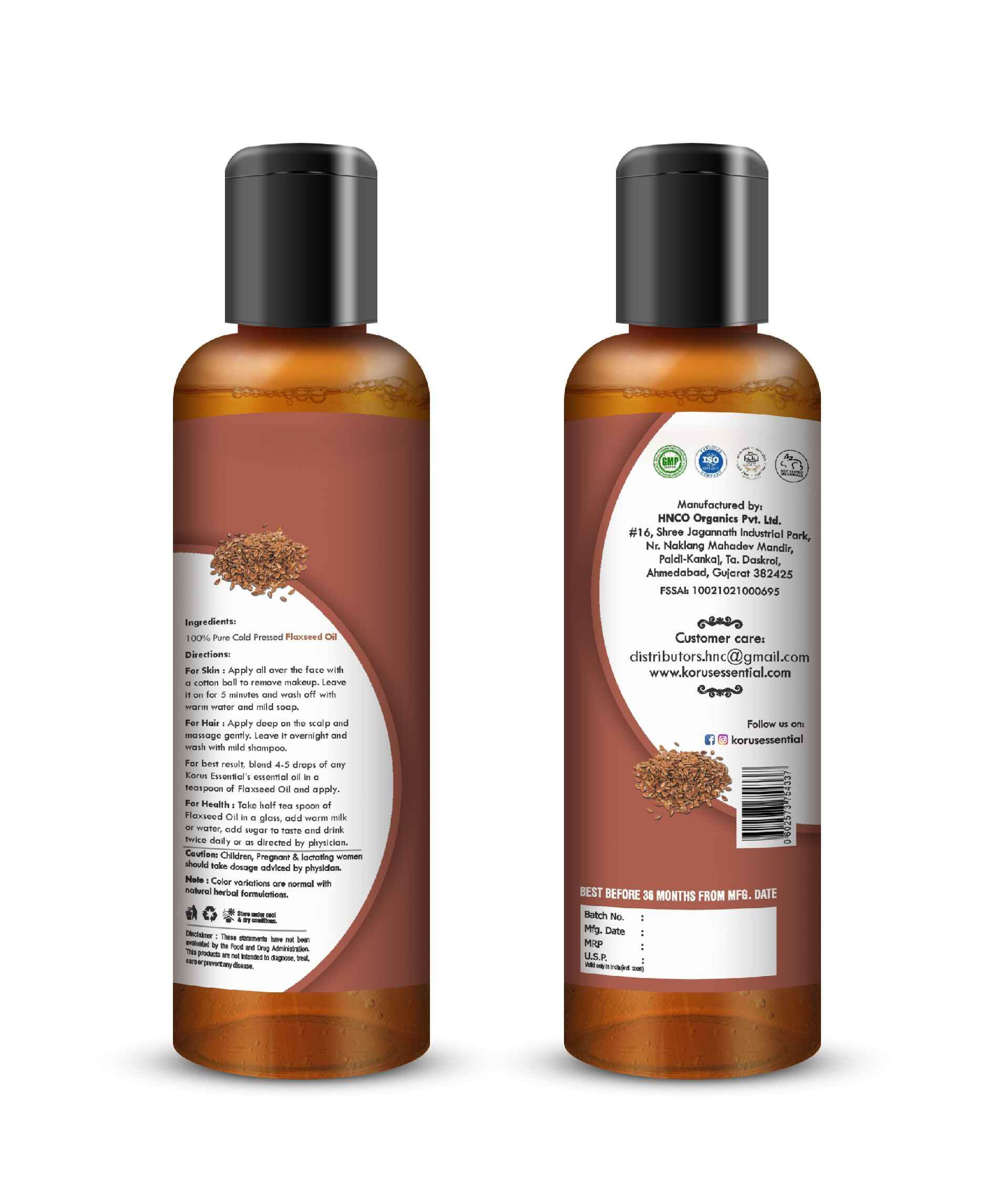Korus Essential Cold - Pressed Flaxseed Oil – Pure Omega - 3 Supplement for Skin, Hair & Heart Health - Health N Wellness Shop