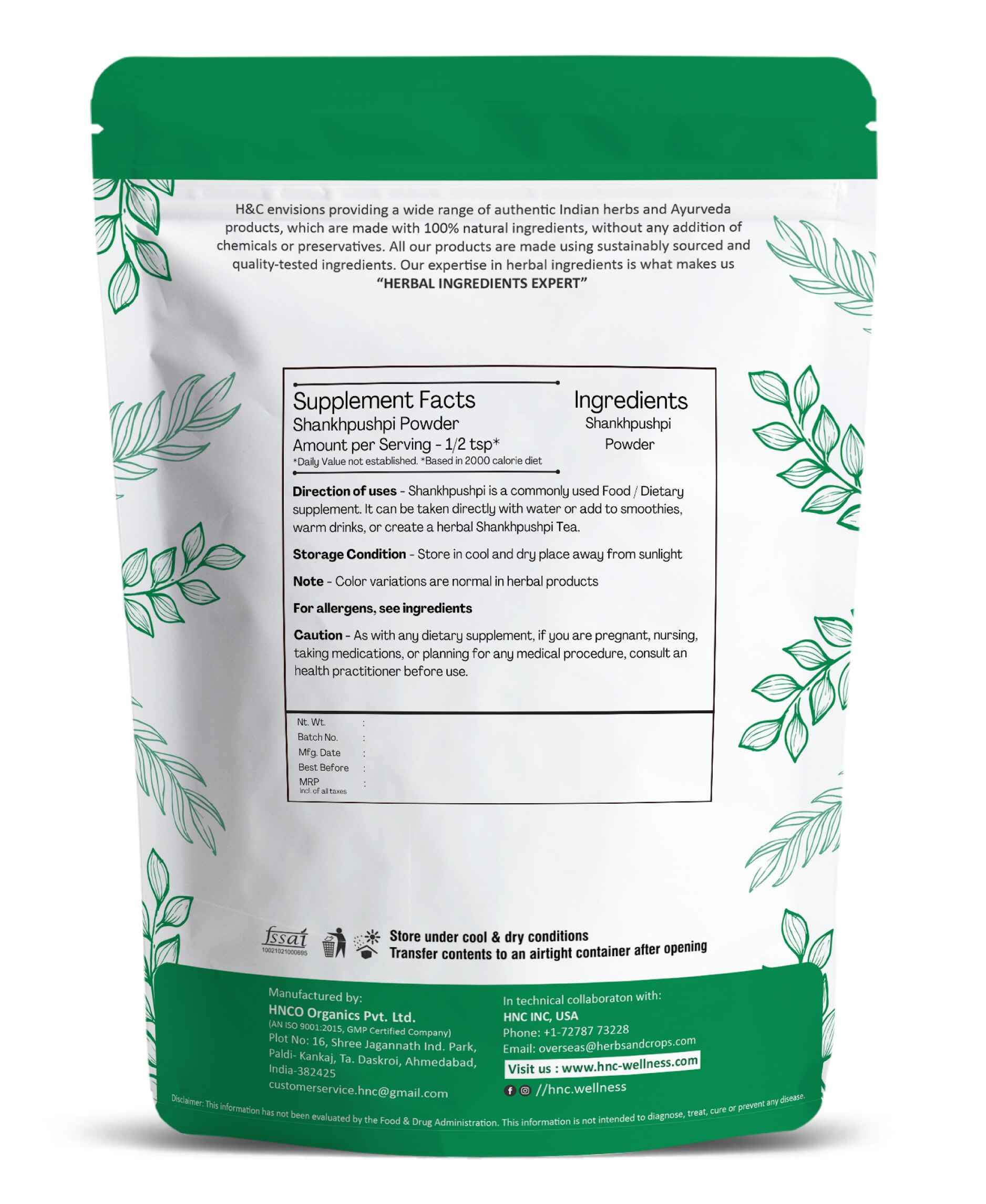 H&C Natural Shankhpushpi Powder 100gm - Brain Health & Cognitive Support - Health N Wellness Shop